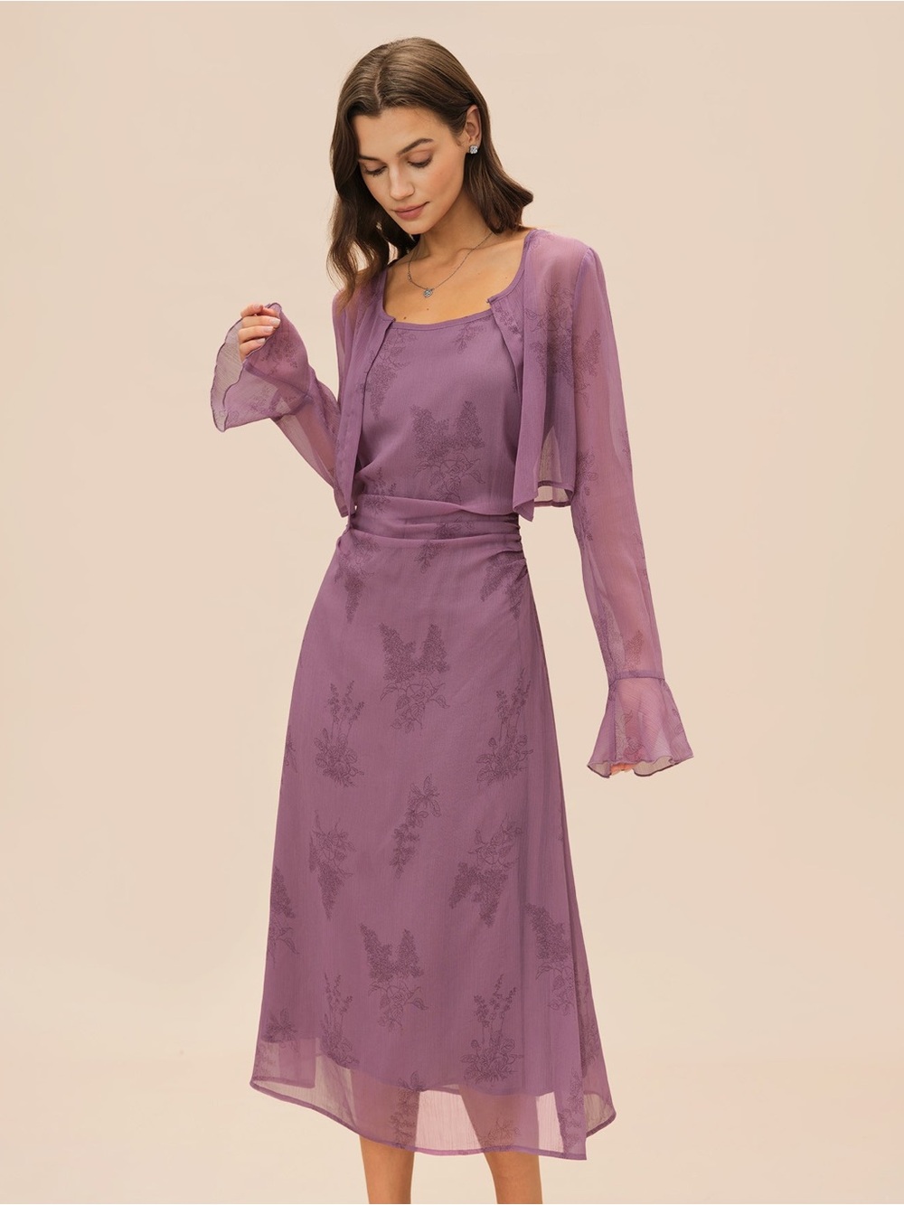Rihoas Purple Floral Ruched Slip Midi Dress (cardigan is included)